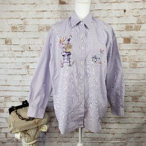 PTNY L Purple Striped Flower Garden Button Blouse